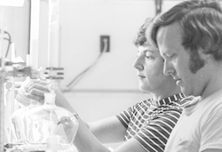 Helen Miklas and Bruce Tripp in Chemistry lab.