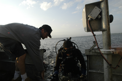 Rocky Geyer and Jay Sisson recover a lost tripod in 15 feet of water.