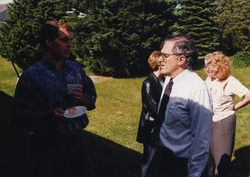 Craig Lewis (left) talking withCraig Van de Water at the 1998 Graduate Reception.