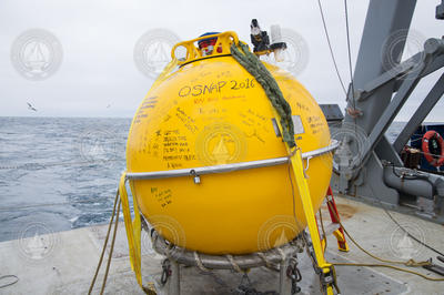 Recovered mooring buoy signed by OSNAP researchers after the mission.