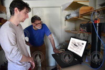 Troy Petitt and Peter Wiebe analyzing holographic images during Deep-See camera tests.