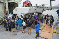 Danik Forsman (front) and Rod Catanach (purple, back) giving Alvin tour talks.