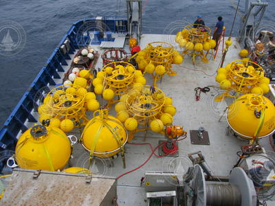 R/V Neil Armstrong deck loaded with OSNAP mooring equipment.