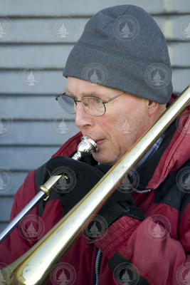 Jack Whitehead playing the trombone in the WHOI brass band.