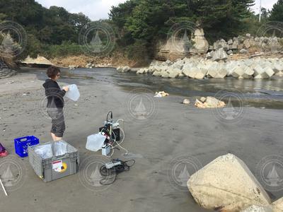 WHOI postdoc Virginie Sanial sampling groundwater in Japan.