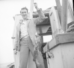 Jan Hahn on deck of the Mytilus in Vineyard Sound.