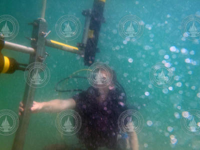 Diver Melissa Moulton holding onto a tripod leg in a rip current.