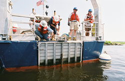 Ken Houtler, Ian Hanley, Jay Sisson and Malcolm Scully on the bow of Tioga.