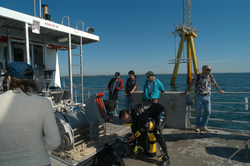 Journalists on the Tioga deck, the ASIT  in the background