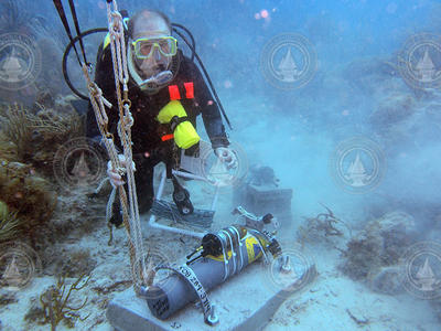 T. Aran Mooney deploys autonomous underwater device on a reef.