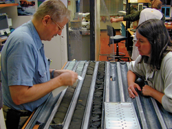 Sherwood "Wood" Wise and Karen Bice examine seafloor sediment cores.