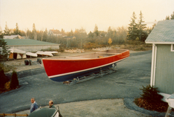 View of painted R/V Asterias hull during construction.