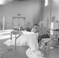 Making giant bathypelagic net in Falmouth National Guard Armory.