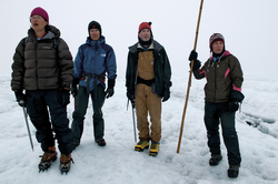 Sarah Das, Mark Behn, Ian Joughin and Kristin Poinar listen to ice sounds.