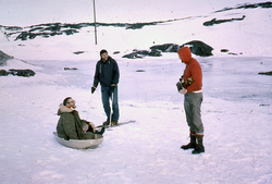 Val Worthington (on "sled"), Gordon Volkmann, and Red Wright.