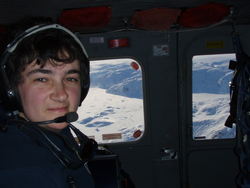Fiamma Straneo on the transport helicopter over Greenland.