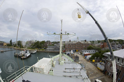 Fish eye view from upper deck on R/V Knorr at WHOI dock.
