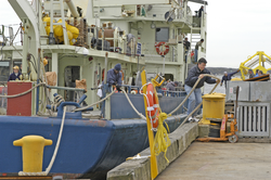 Crew secure Oceanus to the WHOI dock