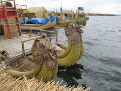 Totora reed boats constructed by the Uros in Lake Titicaca basin.