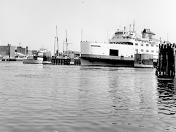 Steamship authority ferry vessel Nantucket at Woods Hole dock.