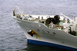 R/V Yokosuka visit to WHOI with Shinkai 6500 stowed onboard.