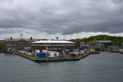 View of WHOI dock and marine facilities from the harbor.