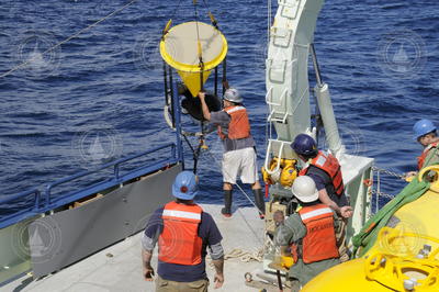 McLane sediment trap is recovered to the deck of Oceanus.