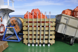 Six RAFOS floats on deck waiting to be deployed in the Iceland Sea.
