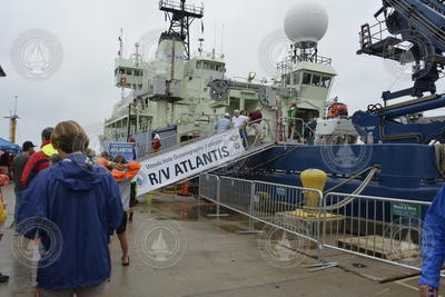 R/V Atlantis banner hung on ship tour entrance gangway.