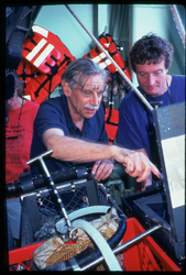 Holger Jannasch looking at the samples retrieved from Alvin.