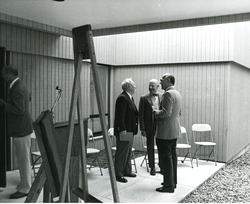 Arthur Maxwell, Noel McLean, and Charles Adams talkng at McLean Laboratory dedication
