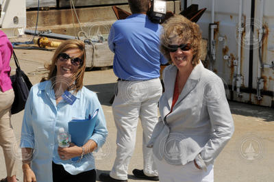 Kim Grodzki and Stephanie Murphy on the dock during Sikuliaq visit.
