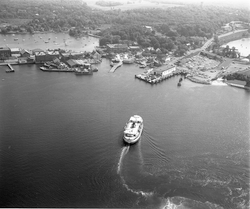 Aerial of Woods Hole Village, WHOI dock and Steamship Authority.
