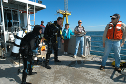 Divers preparing to dive off Tioga.