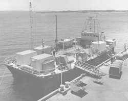 Full view of Lulu at dock in Woods Hole, late version