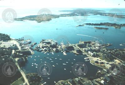 Aerial view of Woods Hole, Eel Pond