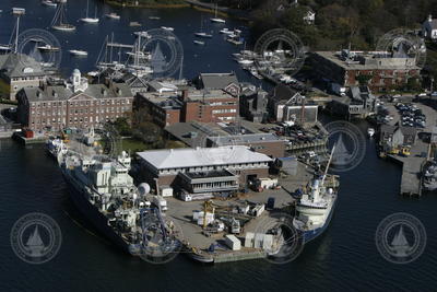 Aerial view of the WHOI dock with Atlantis (at left) and Oceanus docked.