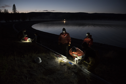 Nighttime coring work on Yellowstone Lake.