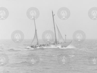 Original R/V Atlantis on rolling seas under abbreviated sail power.
