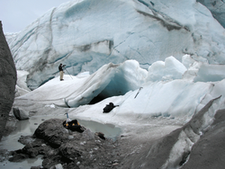 Chris Linder working at the base of Leverette Glacier.
