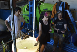 Hanu Singh, Amy Scott Murray and Erica Fruh photographing fish in a barrel.
