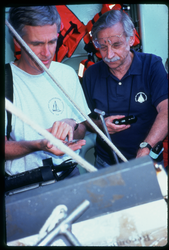 Holger Jannasch looking at the samples retrieved from Alvin.