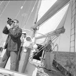 Bercaw and Frantz on deck of Aries, under sail.