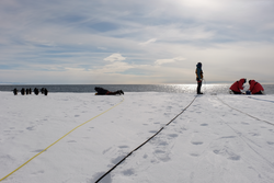 Sam Laney (far right) and team collecting plankton samples In McMurdo Sound.