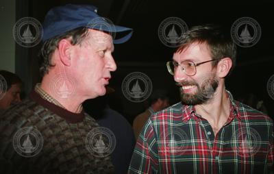 Jon Howland (right) talking with Bob Ballard at Bob's retirement party.