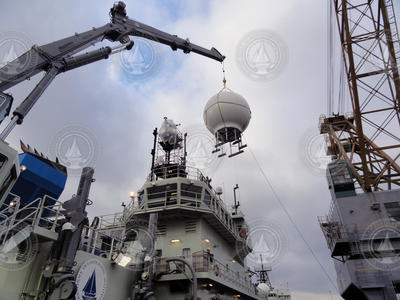 Installation of HiSeasNet (internet) antenna on board R/V Neil Armstrong.