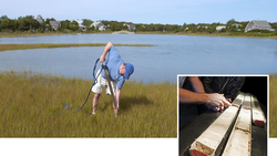 Jeff Donnelly extracting a core from Bournes Pond marsh.