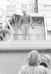 J. B. Hersey aboard R/V Chain, wife Sally on dock