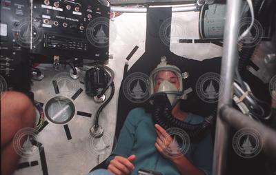 Danielle Fino inside the personnel Sphere of Alvin prior to her dive.