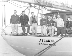 Researchers lines up on the deck of original R/V Atlantis.